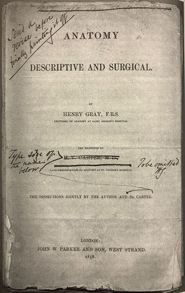Proof copy of title page of Anatomy, Descriptive and Surgical, marked up by Henry Gray, in the archives of the Royal College of Surgeons, reproduced in The Making of Mr. Gray's Anatomy: Bodies, Books, Fortune, Fame, by Ruth Richardson, p. 199 (author’s copy)